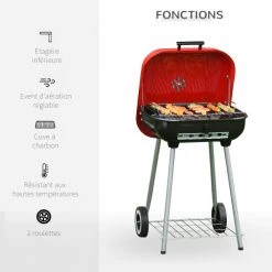 Homcom Barbecues Et Planchas Barbecue à Charbon Avec Couvercle Et Roulettes Acier émaillé Rouge -France Parasols Soldes 2022 barbecue a charbon avec couvercle et roulettes acier emaille rouge 2