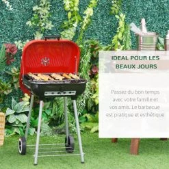 Homcom Barbecues Et Planchas Barbecue à Charbon Avec Couvercle Et Roulettes Acier émaillé Rouge -France Parasols Soldes 2022 barbecue a charbon avec couvercle et roulettes acier emaille rouge 3