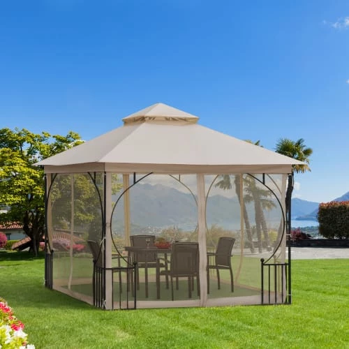 Outsunny Pergolas Et Tonnelles Pavillon De Jardin Tonnelle Colonial Dim. 3L X 3l X 2,75H M Beige Noir 2 Outsunny Pergolas Et Tonnelles Pavillon De Jardin Tonnelle Colonial Dim. 3L X 3l X 2,75H M Beige Noir – Image 2