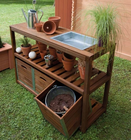 Jardipolys Rangements Extérieur Table De Préparation Avec 3 Bacs De Rangement En Pin Teinté Marron 5 Jardipolys Rangements Extérieur Table De Préparation Avec 3 Bacs De Rangement En Pin Teinté Marron – Image 5