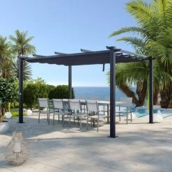 Avril Paris Pergolas Et Tonnelles Tonnelle 3x4m Avec Toile Rétractable En Aluminium Gris -France Parasols Soldes 2022 tonnelle 3x4m avec toile retractable en aluminium gris 3
