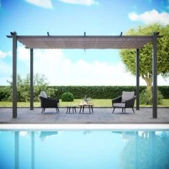 Avril Paris Pergolas Et Tonnelles Tonnelle 3x4m Avec Toile Rétractable Taupe En Aluminium Gris -France Parasols Soldes 2022 tonnelle 3x4m avec toile retractable taupe en aluminium gris 2
